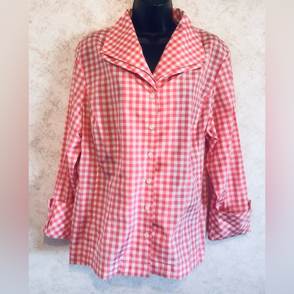 Jones New York Collection Pink Gingham Silk Blouse Long Sleeve Cuffs Size 14W - Picture 1 of 16